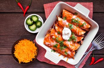 Chicken,Enchiladas,With,Black,Beans.,Mexican,Food,Dish.,Top,View